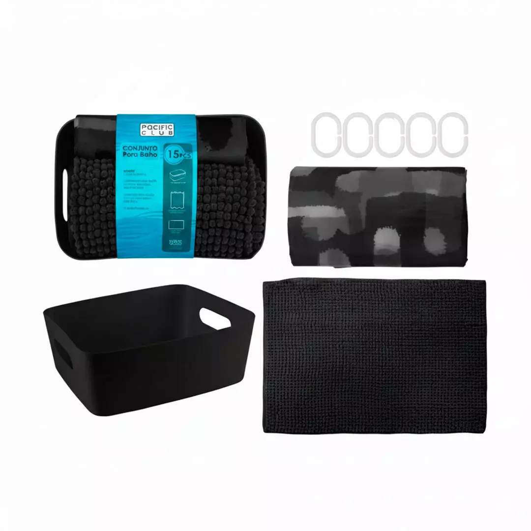 ALFOMBRA + CORTINA P/BAÑO 15PZAS 180X180CM/40X60CM 736-H202405002B NEGRO