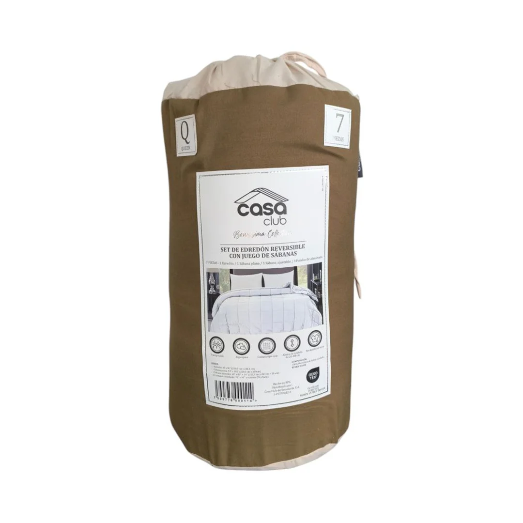 EDREDON REVERSIBLE UNICOLOR QUEEN CON JUEGO DE SABANA 7 PCS