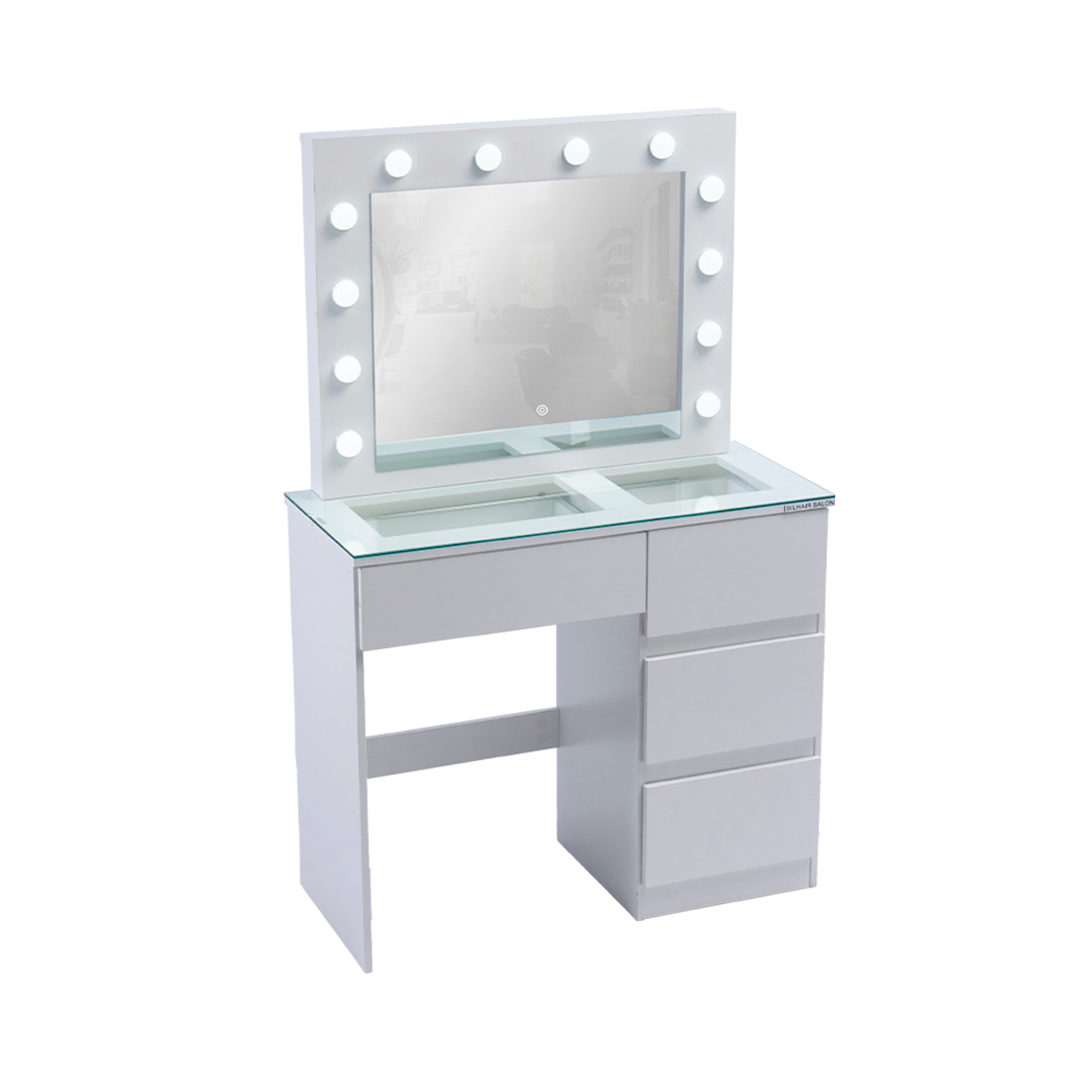 MESA DE CAMERINO CLASSIC KI-DT8820-2 BLANCO C/ESPEJO Y LUZ 90x40x140cm