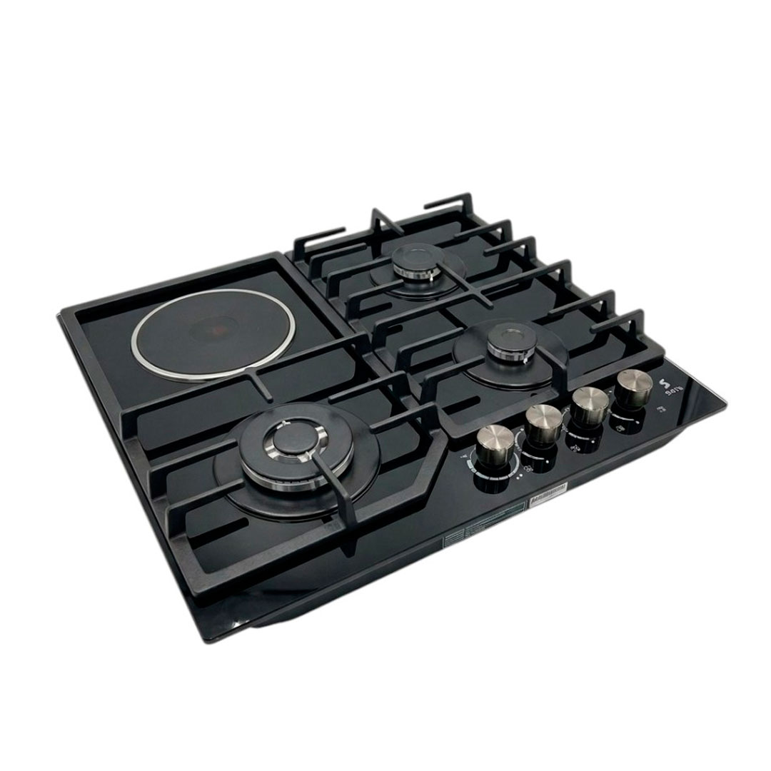 TOPE DE COCINA SAYS CGE-401TVBK 60cm 3Q A GAS+1Q ELECT  TOPE VIDRIO TEMP. NEGRO